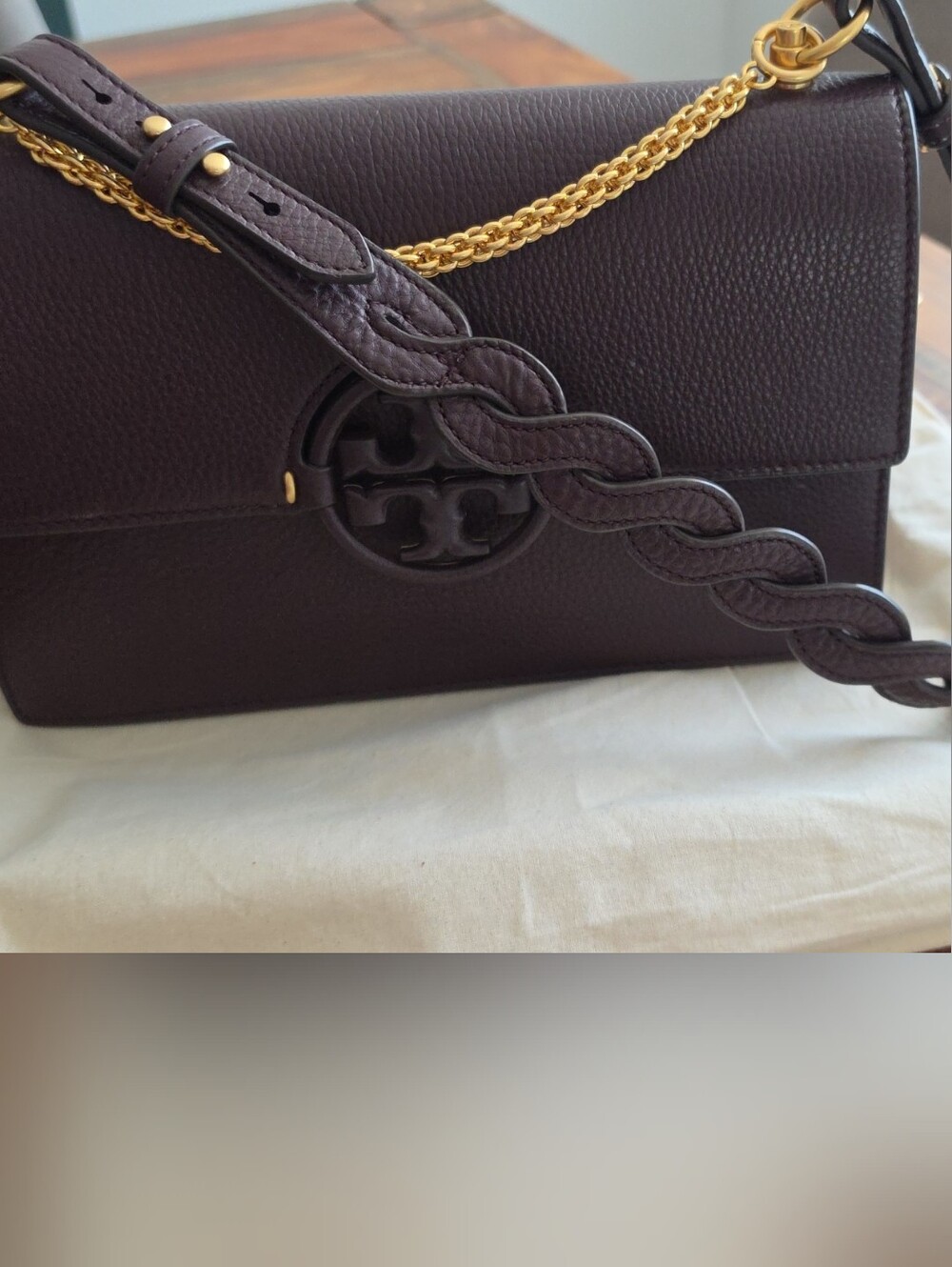 Tory Burch Miller Plum Pebbled Leather Shoulder Bag with Gold Chain